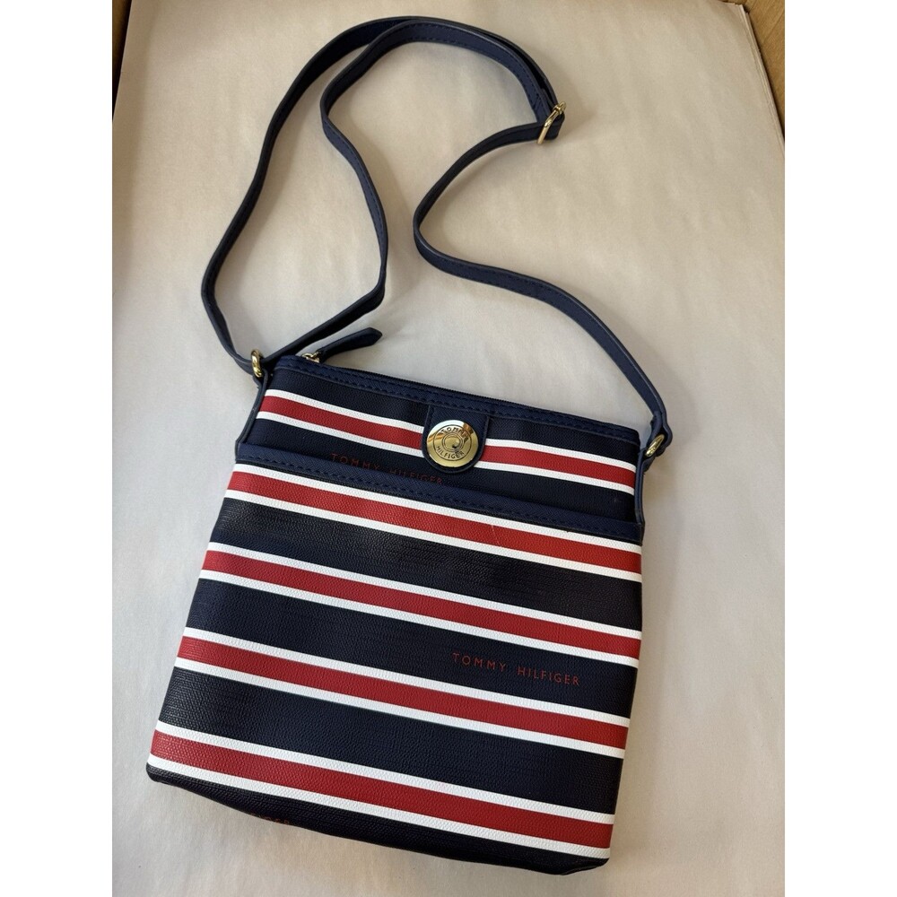 TOMMY HILFIGER Blue‎ White Red Striped Round Logo VINYL CROSSBODY Purse HAND BAG